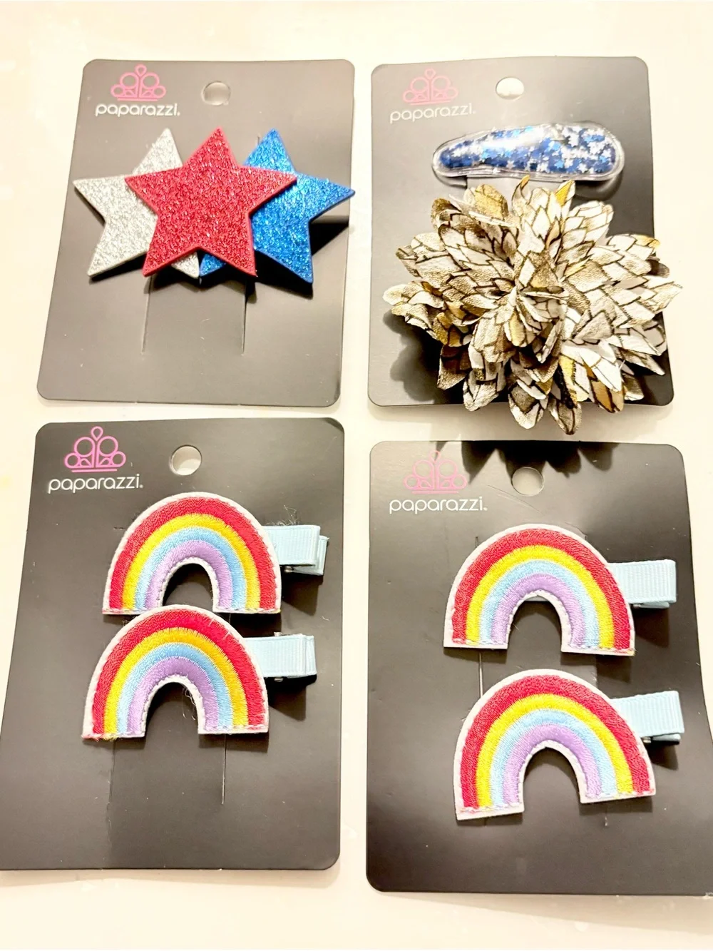 paparazzi Rainbow & Star Kids Hair Clip Set of 7pc- Red Blue Silver Gold Pink